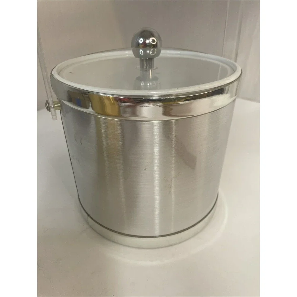 2 Vintage Gold Silver Ice Buckets Plastic, Clear Lid, Tongs Made In Taiwan